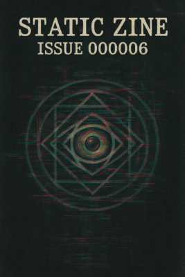 Cover of Static Zine Issue 000006 featuring a glitch-styled eye symbol at the center of concentric circles and intersecting geometry, printed on textured parchment.