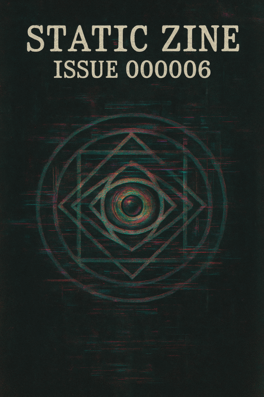 Cover of Static Zine Issue 000006 featuring a glitch-styled eye symbol at the center of concentric circles and intersecting geometry, printed on textured parchment.