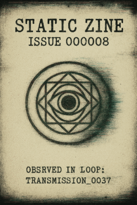 Cover image of Static Zine Issue 000008 featuring the Stringfisher sigil — an all-seeing eye nested in concentric geometric layers, radiating glitch-like energy on a dark textured background.